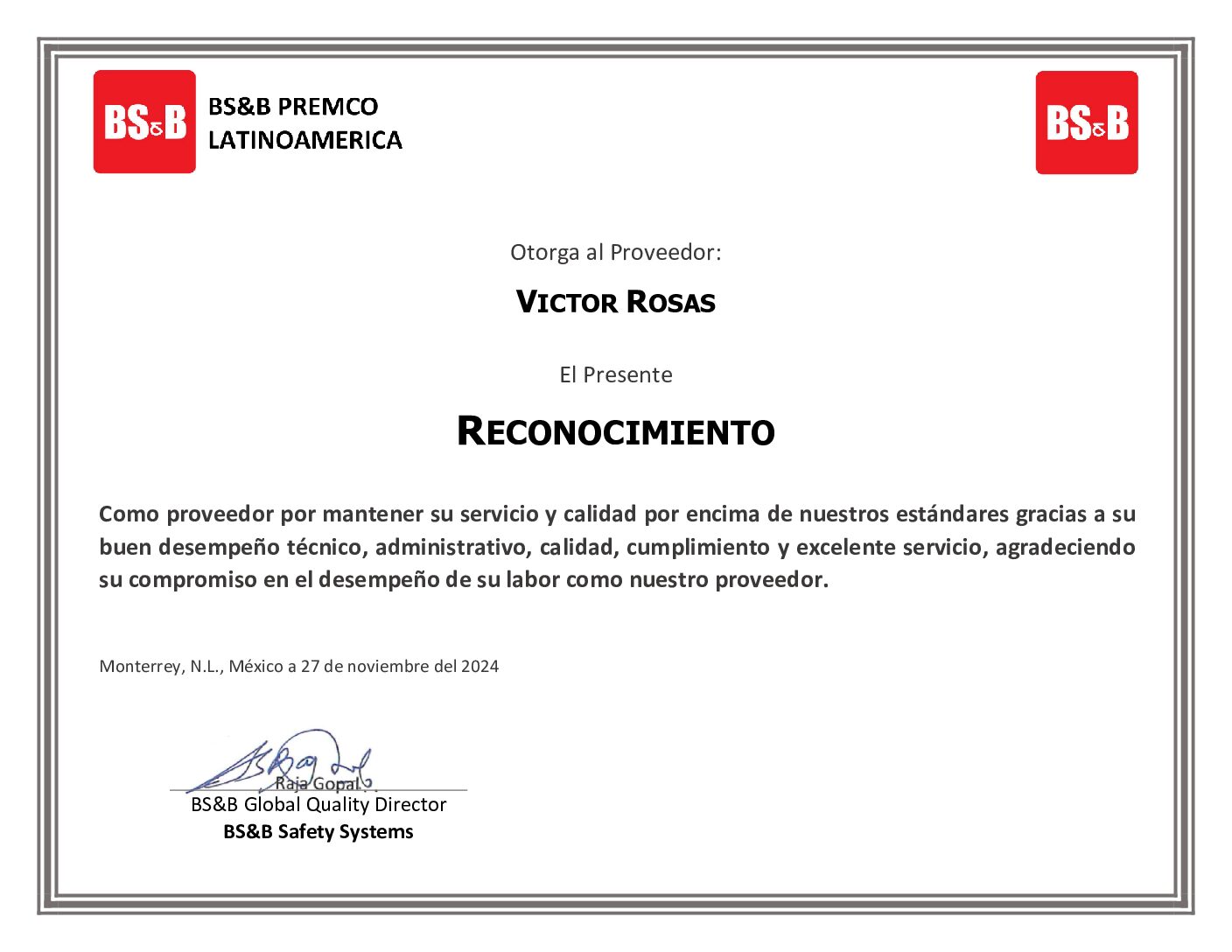 Reconociemiento de BS&B Premco Latinoamerica